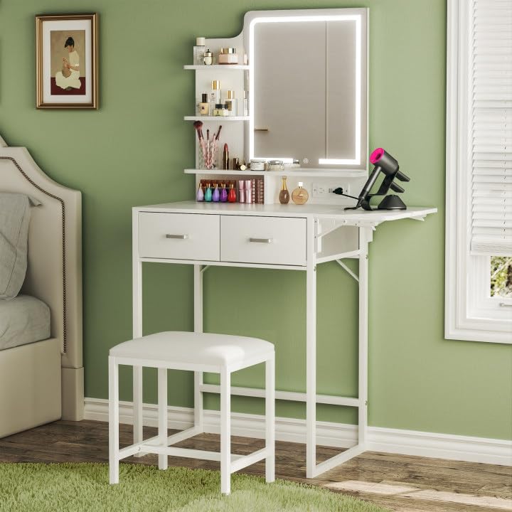 ALEXNUTRE Makeup Vanity Desk with Mirror and Lights, Small Vanity with Fabric Storage Drawer & Chair & Shelves, White Vanity with Fold-up Panel and Power Outlet for Bedroom - style: Cream White