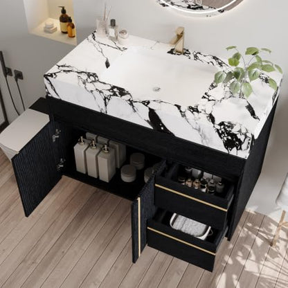 36" Floating Bathroom Vanity with Ceramic Sink and Faux Marble Top, Wall-Mounted Storage Cabinet with with 2 Drawers and 2 Door, Undermount Single Sink, White+Black - color: White+black