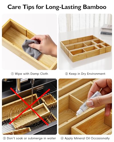 Bamboo Drawer Organizer Set, 6 PCS Trays with 12 Compartments | Natural Bamboo, Flexible Modular Trays, Water-Resistant, Stackable Design, Adjustable, Excellent Organization, Easy to Clean - size: 12 Compartments