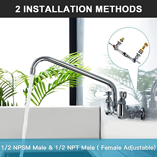 Wall Mount Commercial Sink Kitchen Faucet 8 Inch Adjustable Center | 8 Inch 360 Swivel Spout, Lead-free Brass, For Restaurant Laundry Utility Room, Easy to Install, CUPC NSF Certified - color: A Chrome, size: 8 Inch Spout