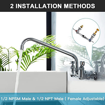 Wall Mount Commercial Sink Kitchen Faucet 8 Inch Adjustable Center | 8 Inch 360 Swivel Spout, Lead-free Brass, For Restaurant Laundry Utility Room, Easy to Install, CUPC NSF Certified - color: A Chrome, size: 8 Inch Spout