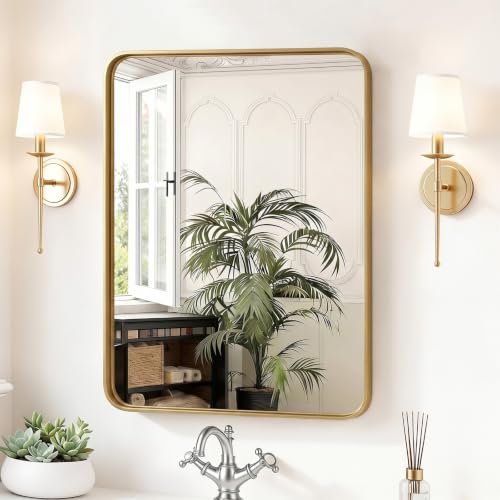 Sweetcrispy Bathroom Wall Mirror, 30x22 Inch Wall Mount Mirror for Over Sink, Modern Rounded Rectangle Vanity Mirrors with Matte Metal Framed, for Home Decor, Living Room, Bedroom, Gold - color: Gold-rect, size: 30"L x 22"W