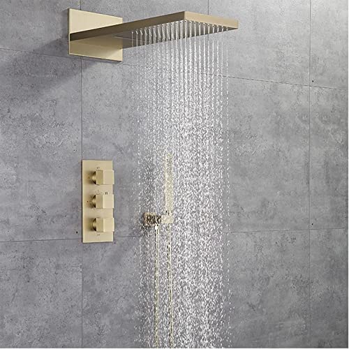 Thermostatic Shower Faucet Set, Stainless Steel Waterfall Rainfall Shower Head with Brass Hand Shower Set, Brushed Gold Shower System Wall Mounted