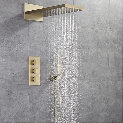 Thermostatic Shower Faucet Set, Stainless Steel Waterfall Rainfall Shower Head with Brass Hand Shower Set, Brushed Gold Shower System Wall Mounted