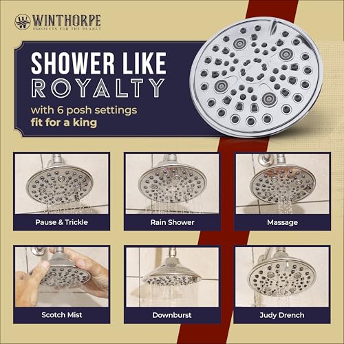 6-Inch Chrome Shower Head with 6 Settings, High Pressure Showerhead for Low Flow, Enjoy a Relaxing High Pressure Shower, Perfect Replacement for Any Bathroom - Winthorpe Scotch Mist