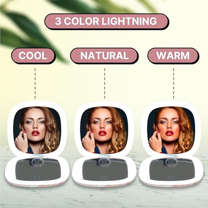 Lighted Makeup Compact Mirror, 3.9 Inch – 1x/10x Magnification Portable, LED – Auto Light On/Off - USB Charging, (Blush Marble) - color: Blush Marble