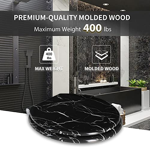 Angel Shield Marble Toilet Seat Durable Molded Wood with Quiet Close,Easy Clean，Quick-Release Hinges (Round,Black Marble) - color: Black Marble-Round, size: Round-16.5“
