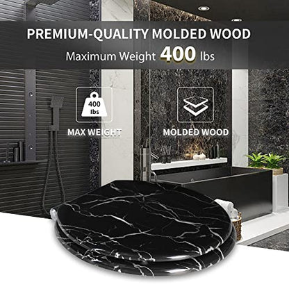 Angel Shield Marble Toilet Seat Durable Molded Wood with Quiet Close,Easy Clean，Quick-Release Hinges (Round,Black Marble) - color: Black Marble-Round, size: Round-16.5“
