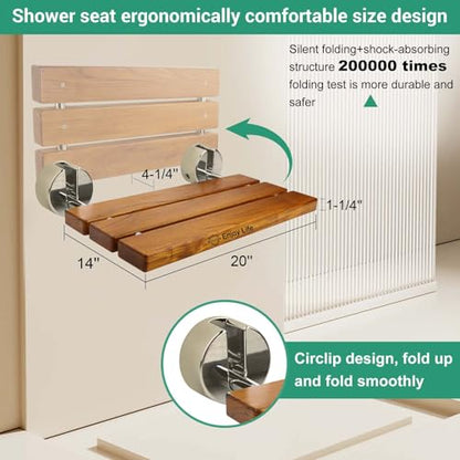 20 Inchs Teak Folding Shower Seat Wall Mounted, Fold Down Shower Seat for Inside Shower, Home Care Folding Shower Seat, Wall Mounted Shower Bench with 400 Lb. (Wood)