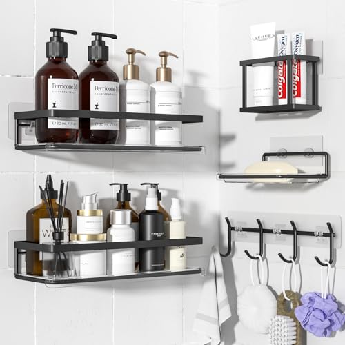 Shower Caddy Adhesive 5 Pack,Rustproof Shower Organizers & Storage,Black | No Drilling,Wall Mounted,Stainless Steel,Large Capacity Caddy for Bathroom Kitchen Dorm RV,Home Decor Accessories