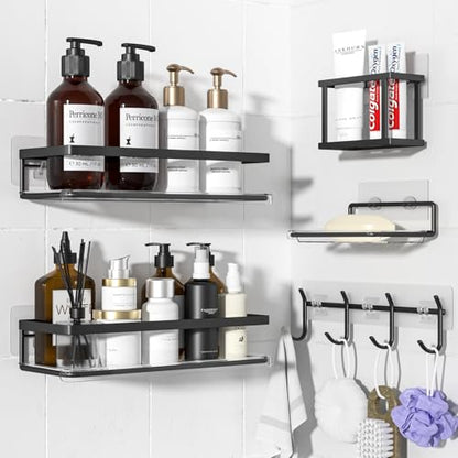 Shower Caddy Adhesive 5 Pack,Rustproof Shower Organizers & Storage,Black | No Drilling,Wall Mounted,Stainless Steel,Large Capacity Caddy for Bathroom Kitchen Dorm RV,Home Decor Accessories