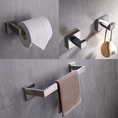 TASTOS 3-Piece Bathroom Hardware Set Brushed Nickel Wall Mounted Bathroom Accessory Set, Premium Stainless Steel Robe Hook Toilet Paper Holder 16-Inch Towel Bar (Silver) - color: Brushed