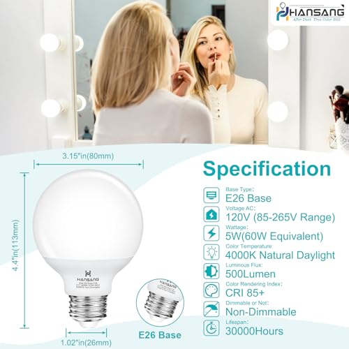 8 Pack G25 LED Globe Light Bulbs 4000K Natural Daylight, E26 Base Bathroom Light Bulb, 60W Incandescent Equivalent, Vanity Mirror Round Light Bulbs, 500LM, Non-Dimmable - color: 4000k(natural Daylight), size: 8 Count (Pack of 1)