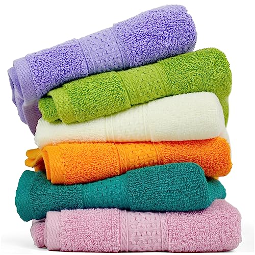 Cleanbear Hand Towels for Bathroom - Cotton, 6-Pack 6 Colors, 13" x 29" | 100% Cotton Soft Face Towels Absorbent Hand Towels for Shower Kitchen College Dorm Use - color: Cream-colored, Pink, Lavender，dark-turquoise, Orange, Green