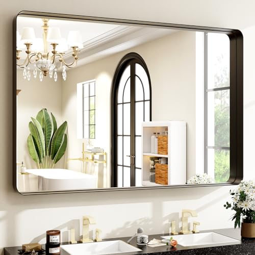 Easly 30"x40" Black Bathroom Mirror - Modern Mirror for Wall with Rounded Corners. Bathroom Mirrors for Vanity, Aluminum Alloy Framed Mirror Portrait or Landscape Hang, Rectangle Mirrors - color: Black, size: 40"L x 30"W