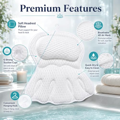 Bath Pillow for Tub, Soft Mesh Bathtub Pillow for Head Neck Back and Shoulder Support, Non-Slip Tub Pillow for Bathtub with 6 Secure Suction Cups and Hanging Hook, Bath Cushion for Soaking Tub