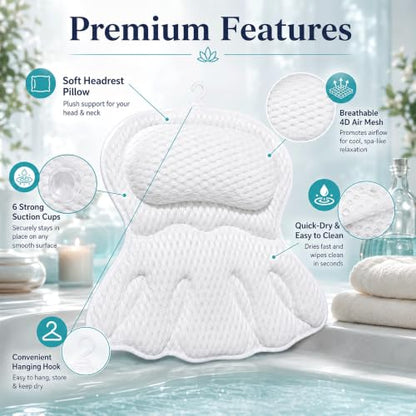 Bath Pillow for Tub, Soft Mesh Bathtub Pillow for Head Neck Back and Shoulder Support, Non-Slip Tub Pillow for Bathtub with 6 Secure Suction Cups and Hanging Hook, Bath Cushion for Soaking Tub