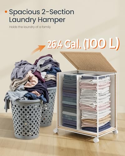 SONGMICS HOME Laundry Hamper with 2 Section, 100 L, Synthetic, with Wheels | Rolling Clothes Basket with Lid, Removable Liner with Handles, Matte White and Tan, PEZZO Collection ULCB601N01 - color: Natural Beige + Matte White, size: 100 L