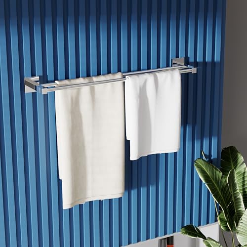 RUACQ Double Towel Bar 24" Towel Racks for Bathroom Wall Mounted Chrome | One-Piece Bath Towel Holder, Total Length 26 Inch Single Towel Rod, 304 Stainless Steel Rustproof, Square Base, Heavy Duty - color: Chrome, size: 24 inch(Center to Center) Double Ba
