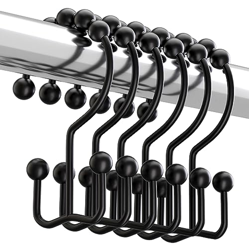 Titanker Black Shower Curtain Hooks Rings, Rust-Resistant Metal Double Glide Shower Hooks for Bathroom Shower Rods Curtains, Set of 12 Hooks - Matte Black - color: Black, style: Modern