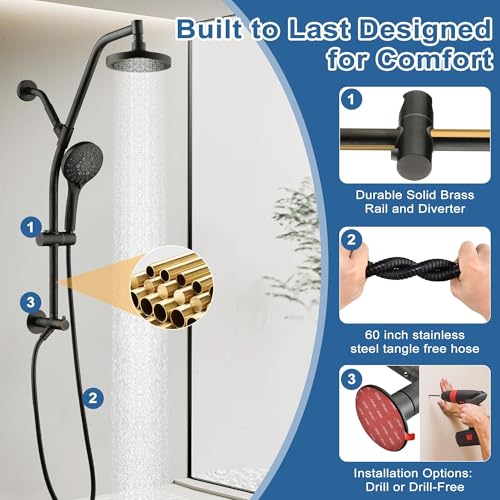 BRIGHT SHOWERS Rain Shower Head with Handheld Combo, Dual Shower System with Slide Bar, Adjustable Height, Brass Slide Bar & Diverter, 60 Inch Stainless Steel Hose, Oil Rubbed Bronze - color: Oil Rubbed Bronze