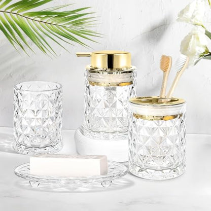 CERBIOR Bathroom Accessories Set, 4 PCS Glass Bathroom Set,Golden White | Includes Soap Dispenser, Toothbrush Holder, Toothbrush Cup, Soap Dish for Decorative Countertop and Housewarming Gift - style: white