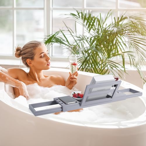 Utoplike Bathtub Tray Caddy Bamboo, Grey Bath Table for Tub Adjustable | Bathroom Organizer with Book Tablet, Wine Glass Cup, Towel Holder - color: 19.8-33.5 in Grey