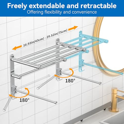 Retractable Towel Rack for Bathroom Stainless Steel Extendable Towel Shelf with 180° Swing Arms Wall-Mounted Towel bar with for Laundry Room (180 Rotating Towel bar) - color: Silvery