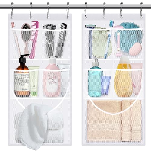 2PCS Mesh Shower Organizer Hanging,Shower Curtain Liner Pockets Hanging with Pockets Quick Dry Cruise RV Camper Bathroom Organizer with Shower Curtain Hooks - size: 2 Pack | White