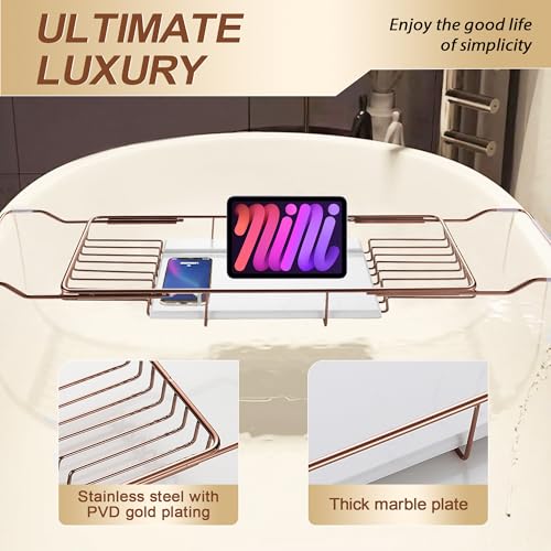 Bathtub Tray Stainless Steel with Marble Base Rose Gold Bathtub Tray with White Marble Base Adjustable & Rustproof Bath Caddy for Spa, Relaxation, Bath Bombs - color: Rose Gold