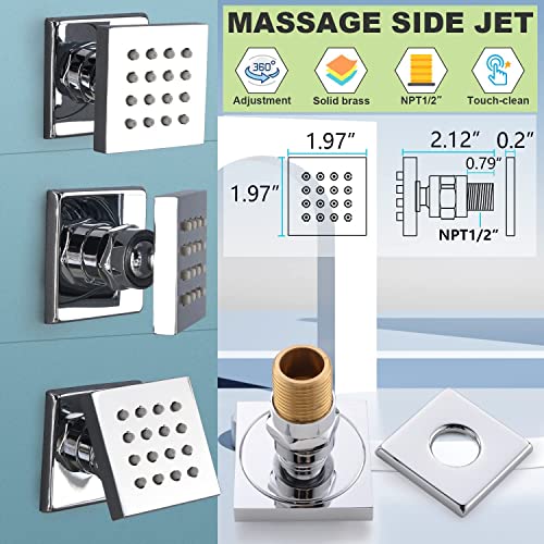 Enga Thermostatic Rain Shower System with Body Jets Push Button Diverter 12 Inch LED Rain Shower Ceiling Mounted Chrome Shower Faucet Set Can Use All Options at A Time - color: Chrome, style: Ceiling Mount-6 Jets