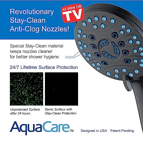 Hotel Spa AquaCare High Pressure 8-mode Handheld Shower Head, Anti-clog Nozzles - Built-in Power Wash to Clean Tub, Tile & Pets, Extra Long 6 ft. Stainless Steel Hose, Wall & Overhead Brackets | Stay Clean Nozzles, Dual Power Wash for Tub, Tile & Pets, Lo