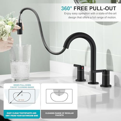 Matte Black Pull Down Widespread Bathroom Faucet 2 Handle 3 Hole | Pull Out Bathroom Faucet with Pop Up Drain & Supply Lines, Lead-Free cUPC & NSF Certified, 8 Inch Faucet for Vanity RV Sink - color: Matte Black