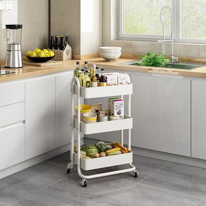 MIOCASA 3-Tier Metal Utility Rolling Cart, Heavy Duty Multifunction Cart with Lockable Casters, Easy to Assemble, Suitable for Office, Bathroom, Kitchen, Garden - style: White
