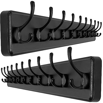 SKOLOO Rustic Wall Mounted Coat Rack, Case of 2, Pine Solid Wood Coat Hook Hanger - 10 Hooks for Hanging Clothes Robes Towels Coats - color: Black Plate & Black Hook, size: 2 Item-10 Hooks
