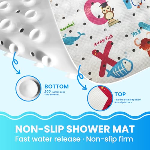 Baby Bath Tub Mat, Extra Large Non Slip Kids Cartoon Bathtub Shower Mats with Suction Cups & Drain Holes, Machine Washable for Bathroom, 40 x 16 Inch, Alphabet Animals Pattern - color: Alphabet Animals
