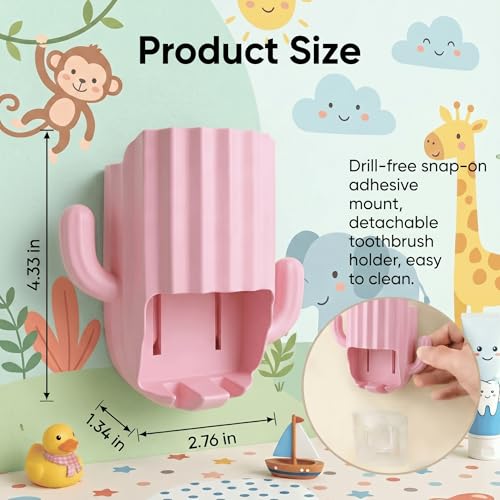 Kids Toothbrush Holder Wall Mount, Cute Cactus (Light Pink) | Bathroom Organizer, PP Cactus Holder, Toothbrush Toothpaste Hair Tie Accessories,Multi-Function Organizer - color: Pink