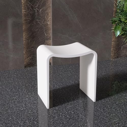 Matte White Shower Bench, Modern Solid Surface Bathroom Stool | Heavy-Duty Waterproof Chair Seat for Inside Showers and Outdoor Use, 400 lbs Capacity - Non-slip - color: White Curved