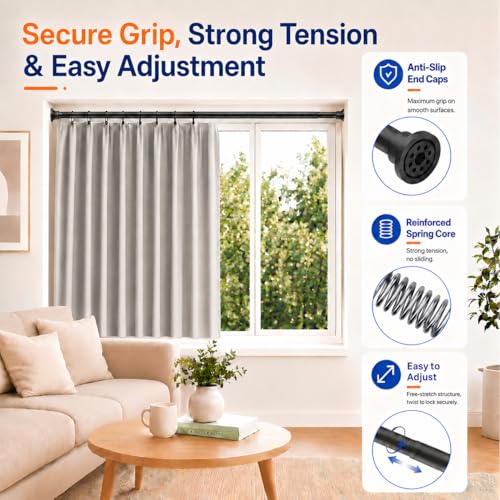 ALLZONE Adjustable Tension Curtain Rod, 42 to 78 Inches, Spring Loaded Curtain Rods No Drilling, Renter Friendly Tension Rod for Windows, Shower, Closet, No Drill, Non-Slip, Black - color: Black, size: 42-78 Inches