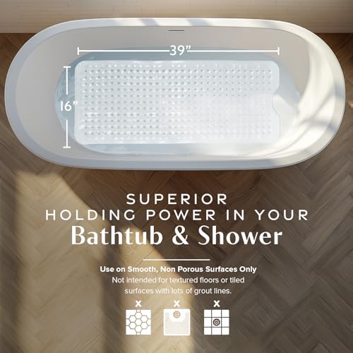 SlipX Solutions 39"x16" Power Grip Non Slip Bathtub Shower Mat, White | Stronger Wet Surface Protection, Soft Under Foot, 265+ Suction Cups, Large Drainage Holes - color: Solid White
