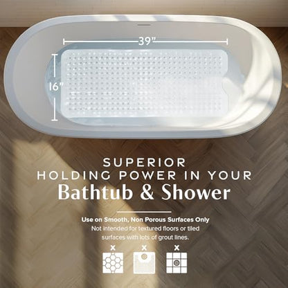 SlipX Solutions 39"x16" Power Grip Non Slip Bathtub Shower Mat, White | Stronger Wet Surface Protection, Soft Under Foot, 265+ Suction Cups, Large Drainage Holes - color: Solid White