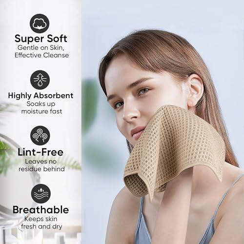 Microfiber Waffle Face Towels, 2 Pieces, Soft, Absorbent, Fast Drying, Lint Free 430 GSM (Beige) - color: Beige