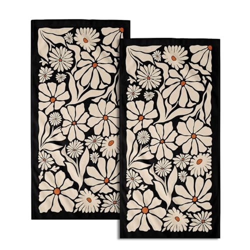 Giwawa Black Daisy Hand Towels Set of 2 Boho Floral Decorative Absorbent Fingertip Towels Soft Kitchen Tea Dish Towels for Bathroom Home Gym Spa - color: Black Boho Daisy