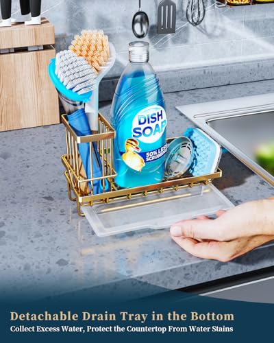 Consumest Sink Caddy, Kitchen Sponge Holder with Dish Brush Holder, Kitchen Sink Organizer with Drip Tray for Countertop, Stainless Steel Rustproof - Gold - color: Gold