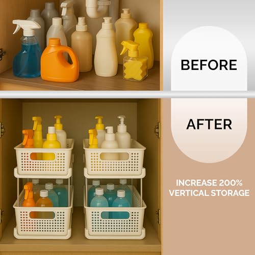 2 Tier Kitchen & Cabinet Drawer Storage Rack With Sliding Baskets – Adjustable Shelf Laundry Room Organization| Under Sink Organizer For Bathroom Accessories & Kitchen