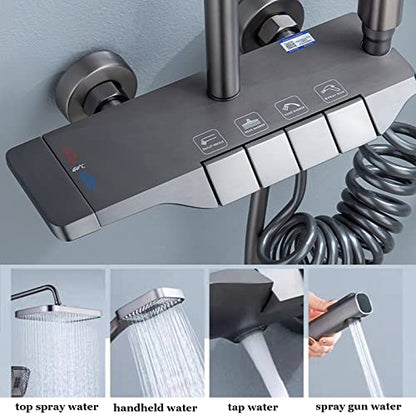 Thermostatic Shower System Exposed Shower Faucet Set Wall-Mounted Bathroom Shower Fixture with Rain Shower Head,3 Mode Handheld Shower,Height Adjustable Shower Rail Set (Gray) - color: Gray