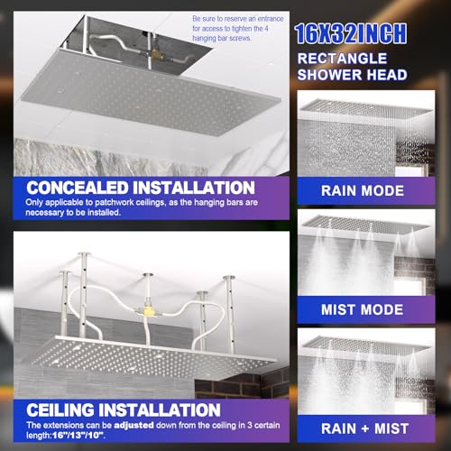 2-Functions Luxury High Pressure Rain Shower Head, 16"x32" Large Ceiling Full Body Shower Head with Silicone Nozzles Rectangle Mist Showerhead, Brushed Nickel Finish - color: Brushed Nickel, style: 2 Modes - Rainfall&Mist