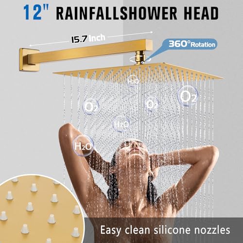 12 Inch Rainfall Shower System with Tub Spout Wall Mounted Complete Combo with Solid Brass Pressure Balancing Valve, High Pressure Shower Head, Handle Set & Installation Accessories - color: Brushed Gold