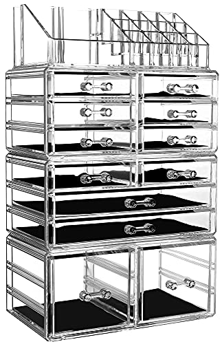 Cq acrylic 4 Pack Clear Makeup Organizer Countertop,Stackable 12 Drawers Skincare Organizer,Cute Skin Care Organizer for Vanity Hair Clip,Jewelry,Beauty Product Desk and Make Up Organizers for Vanity - size: 12 Drawers
