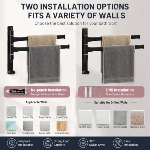 2-5 Arms Swivel Towel Rack Bath Towel Holder with Hook Swing Arm Towel Rack Wall Mount for Bathroom Kitchen-Black 2Arm - color: Black, size: 2-arm